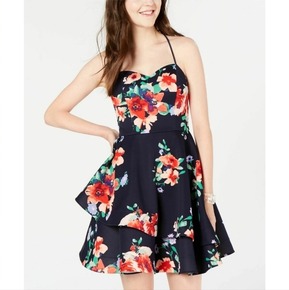 NWT Sequin Hearts juniors navy blue floral print party dress Criss Cross Strap 3